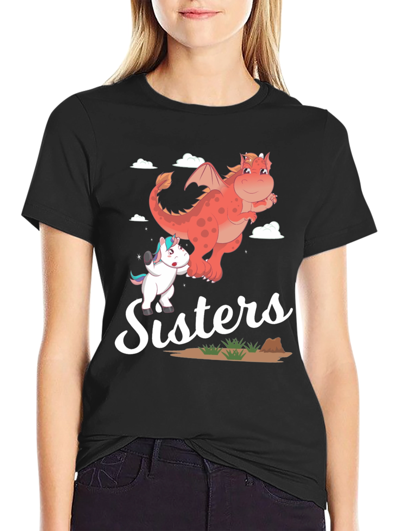 Sisters Unicorn and Dragon Cartoon T-Shirt