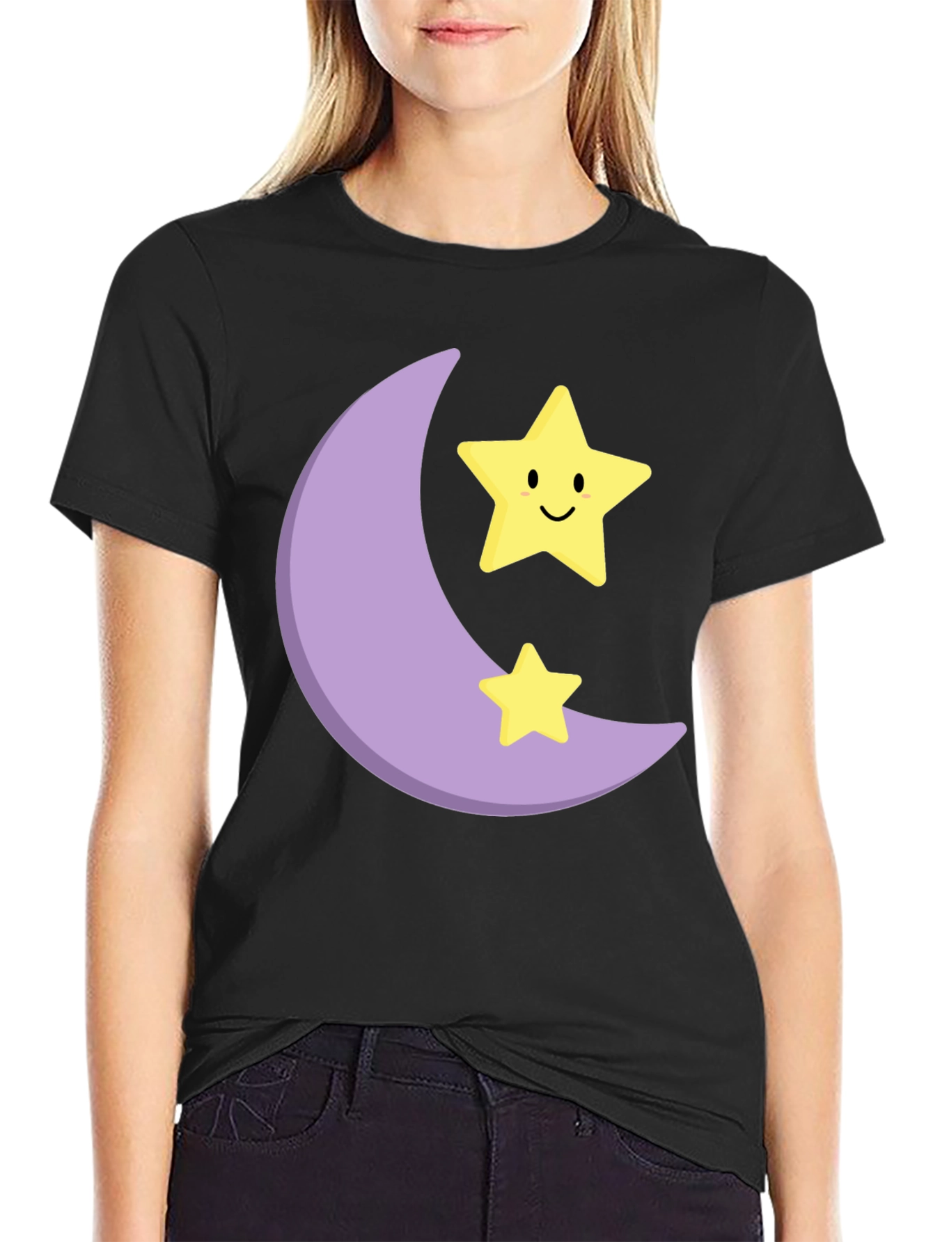 Cute Moon & Stars Graphic Black T-Shirt