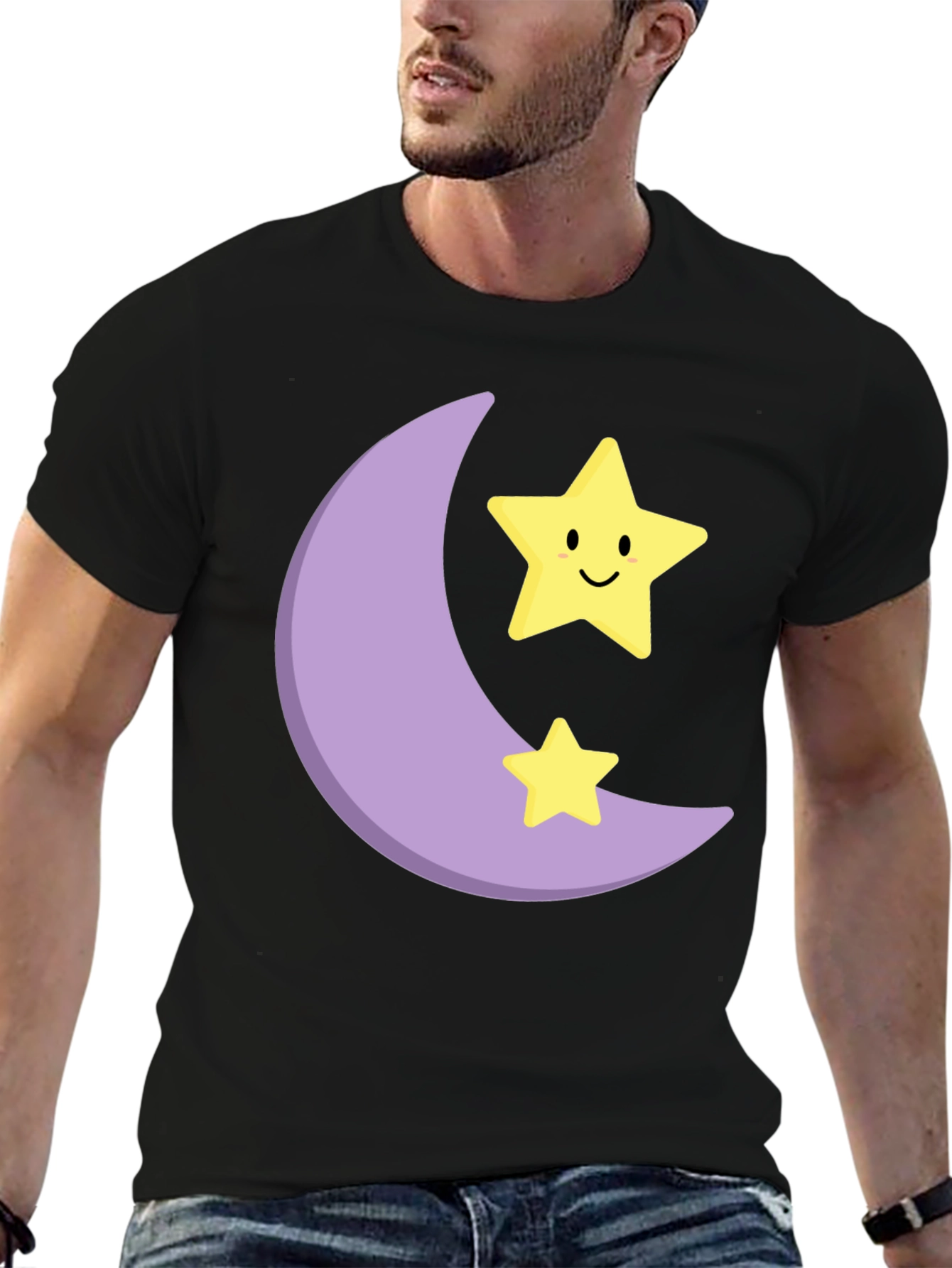 Cute Moon & Stars Graphic Black T-Shirt