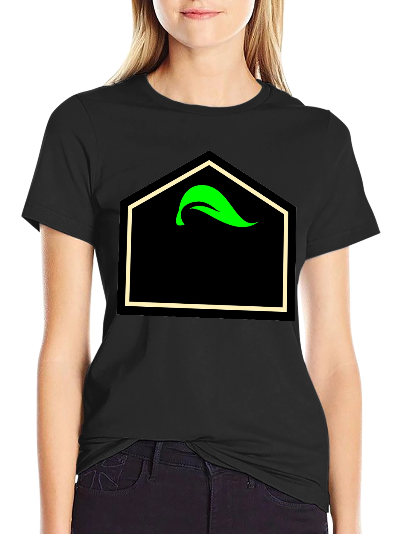 Black T-Shirt with Geometric Leaf Design