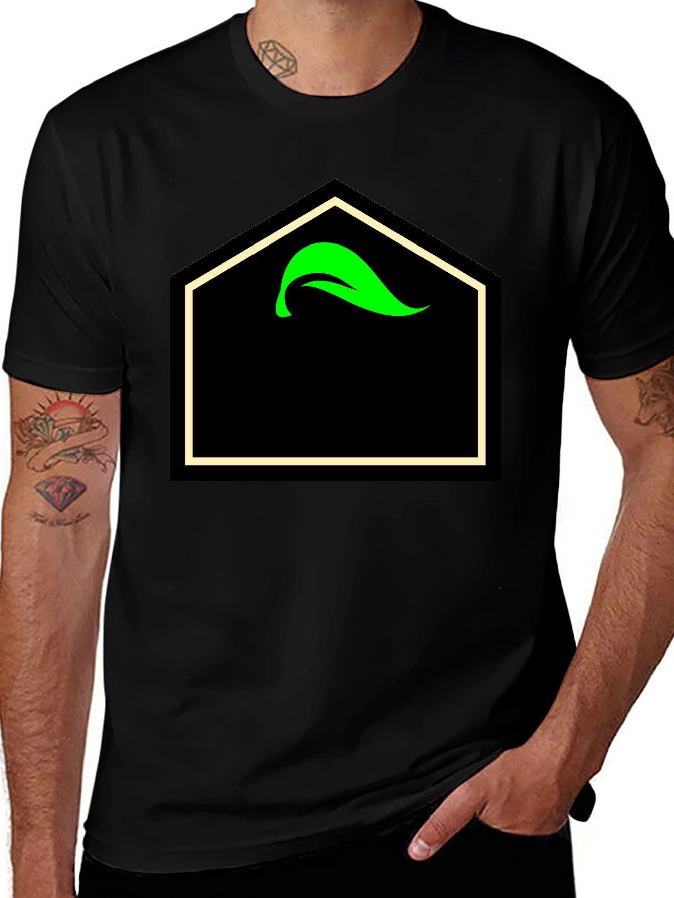 Black T-Shirt with Geometric Leaf Design