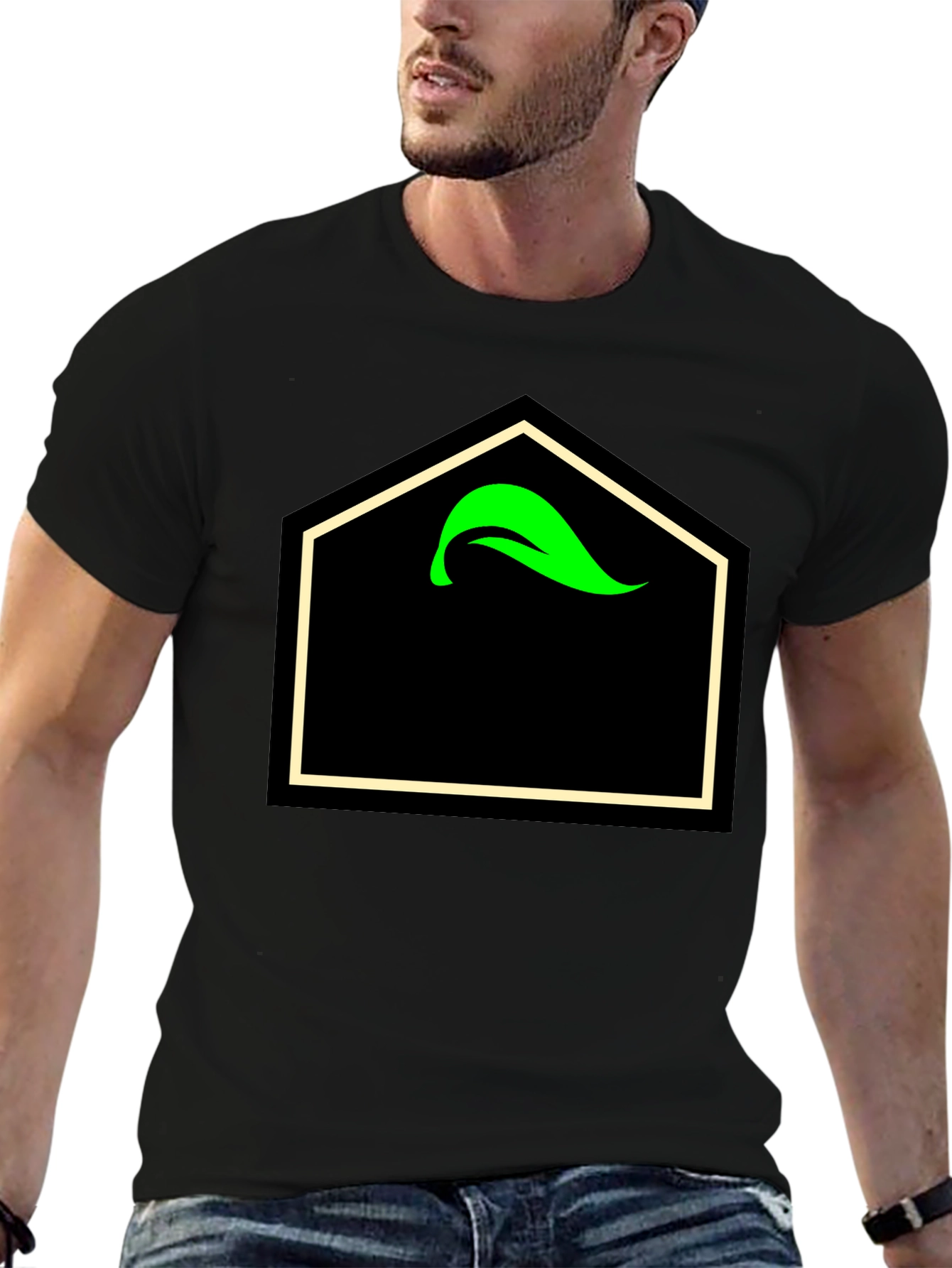 Black T-Shirt with Geometric Leaf Design