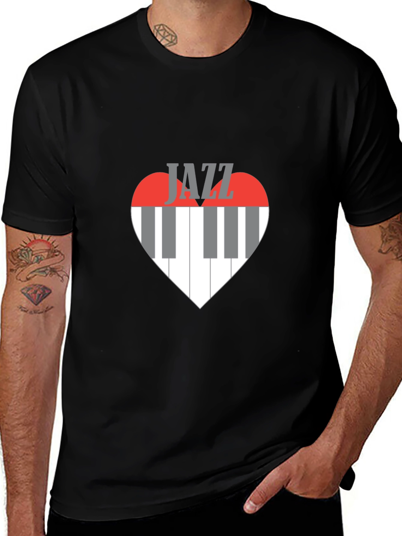 Jazz Music Heart Piano Keys Graphic Tee - Black