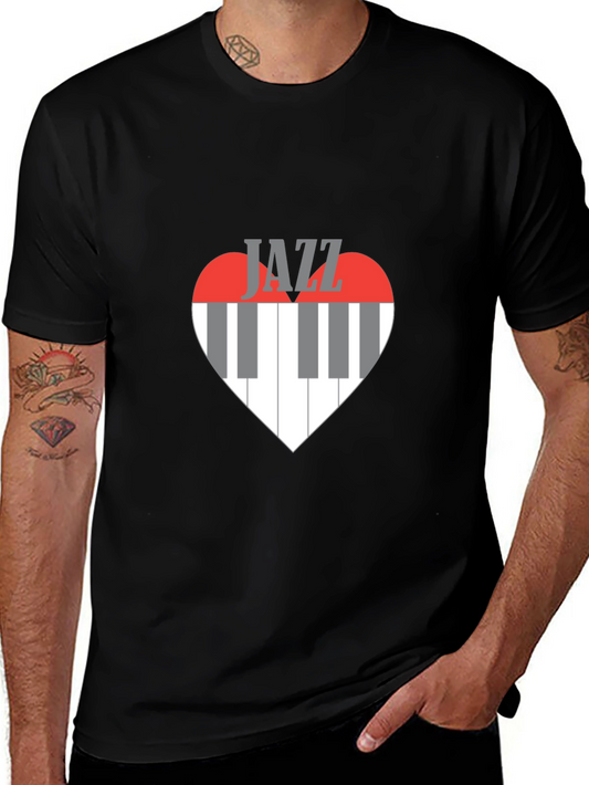 Jazz Music Heart Piano Keys Graphic Tee - Black