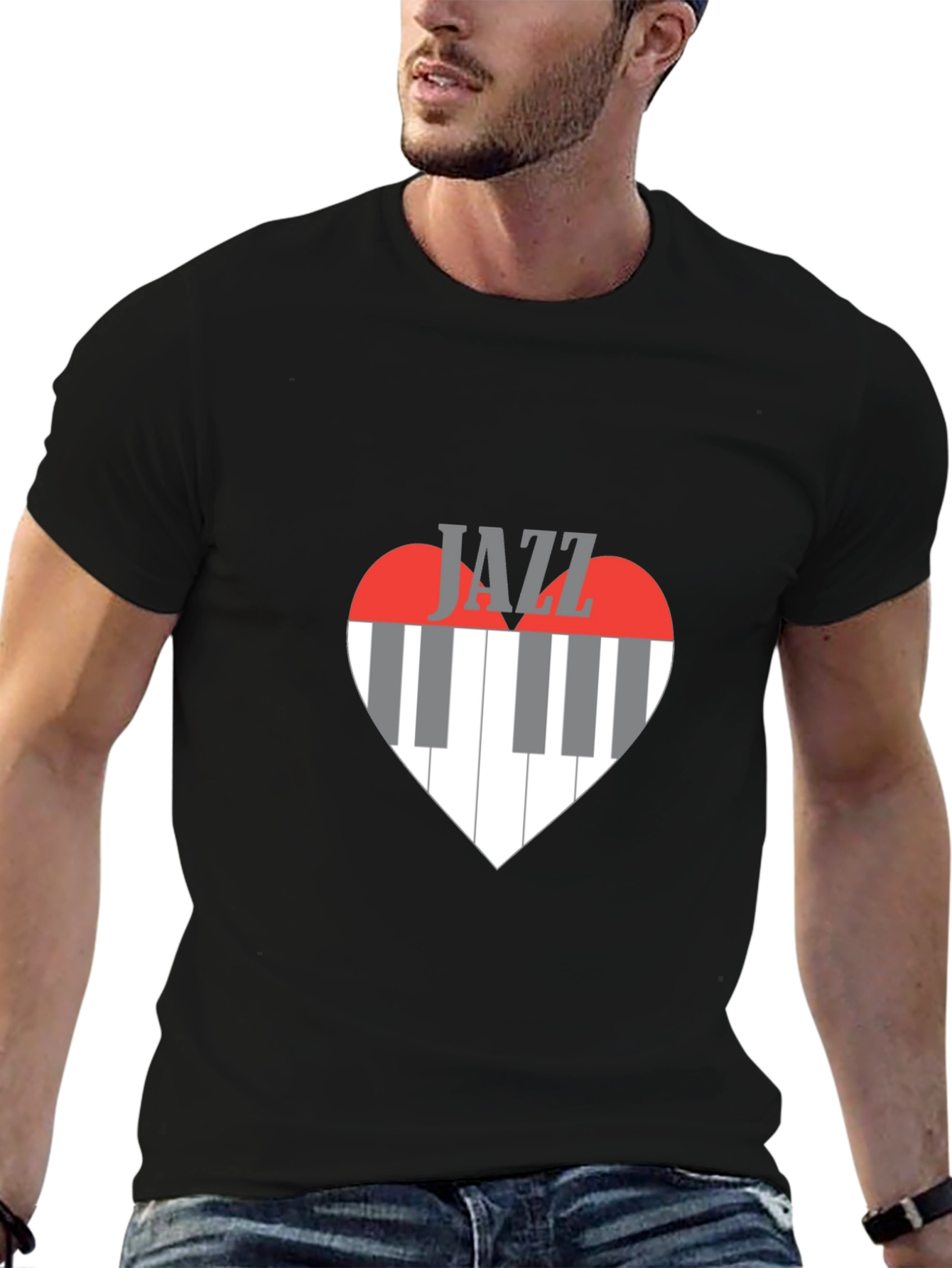 Jazz Music Heart Piano Keys Graphic Tee - Black