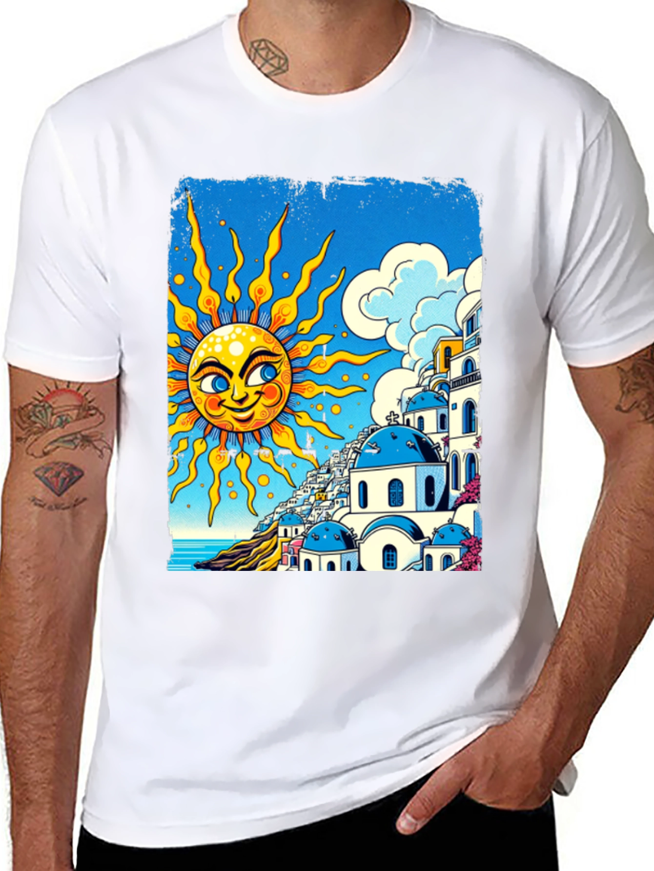 Santorini Sun Graphic Tee - Black Cotton