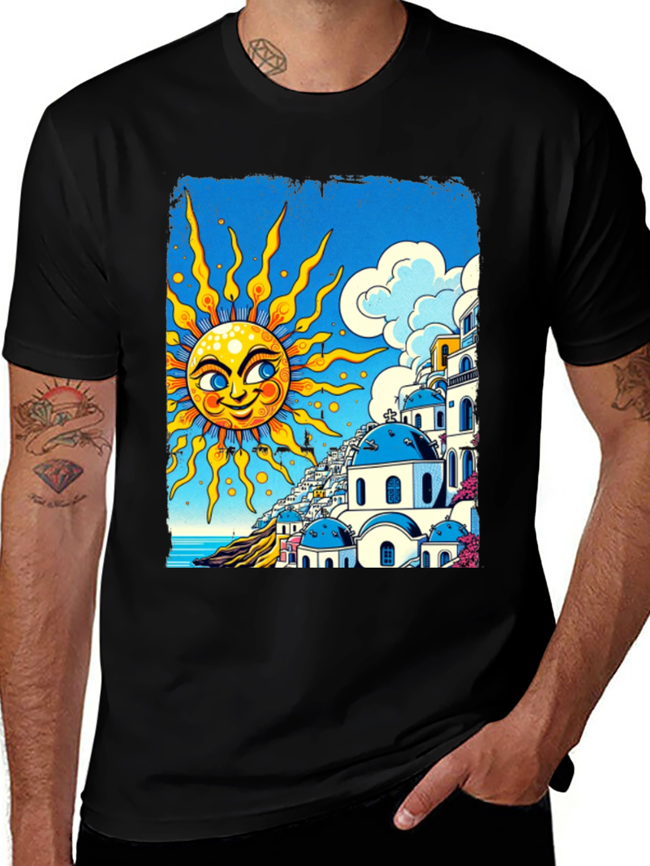 Santorini Sun Graphic Tee - Black Cotton