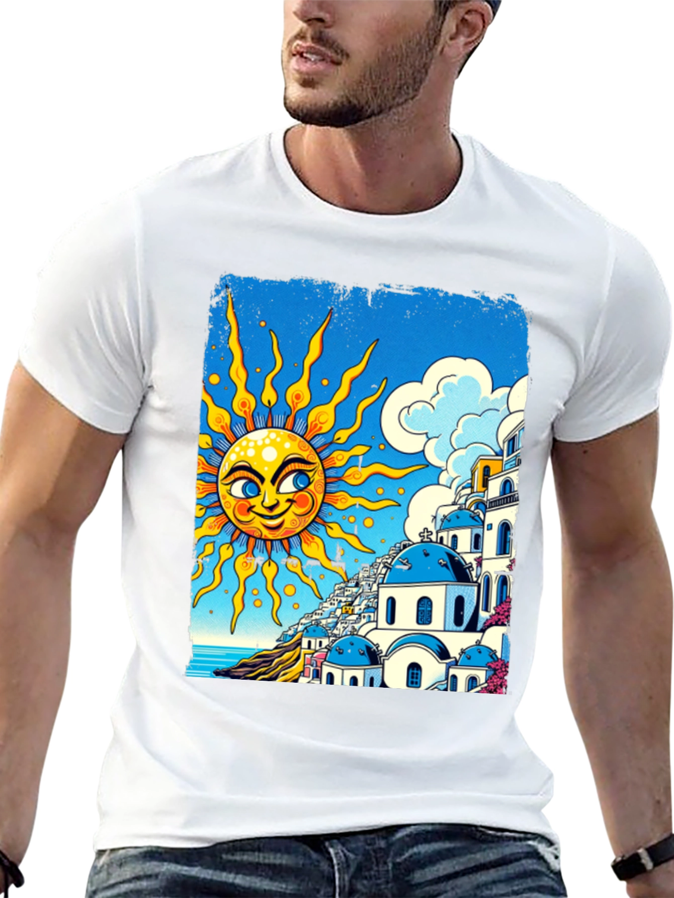 Santorini Sun Graphic Tee - Black Cotton