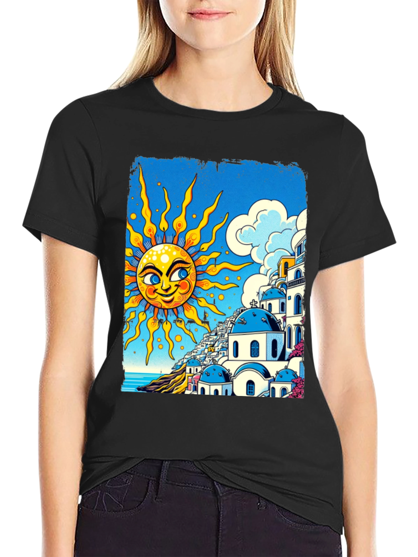 Santorini Sun Graphic Tee - Black Cotton