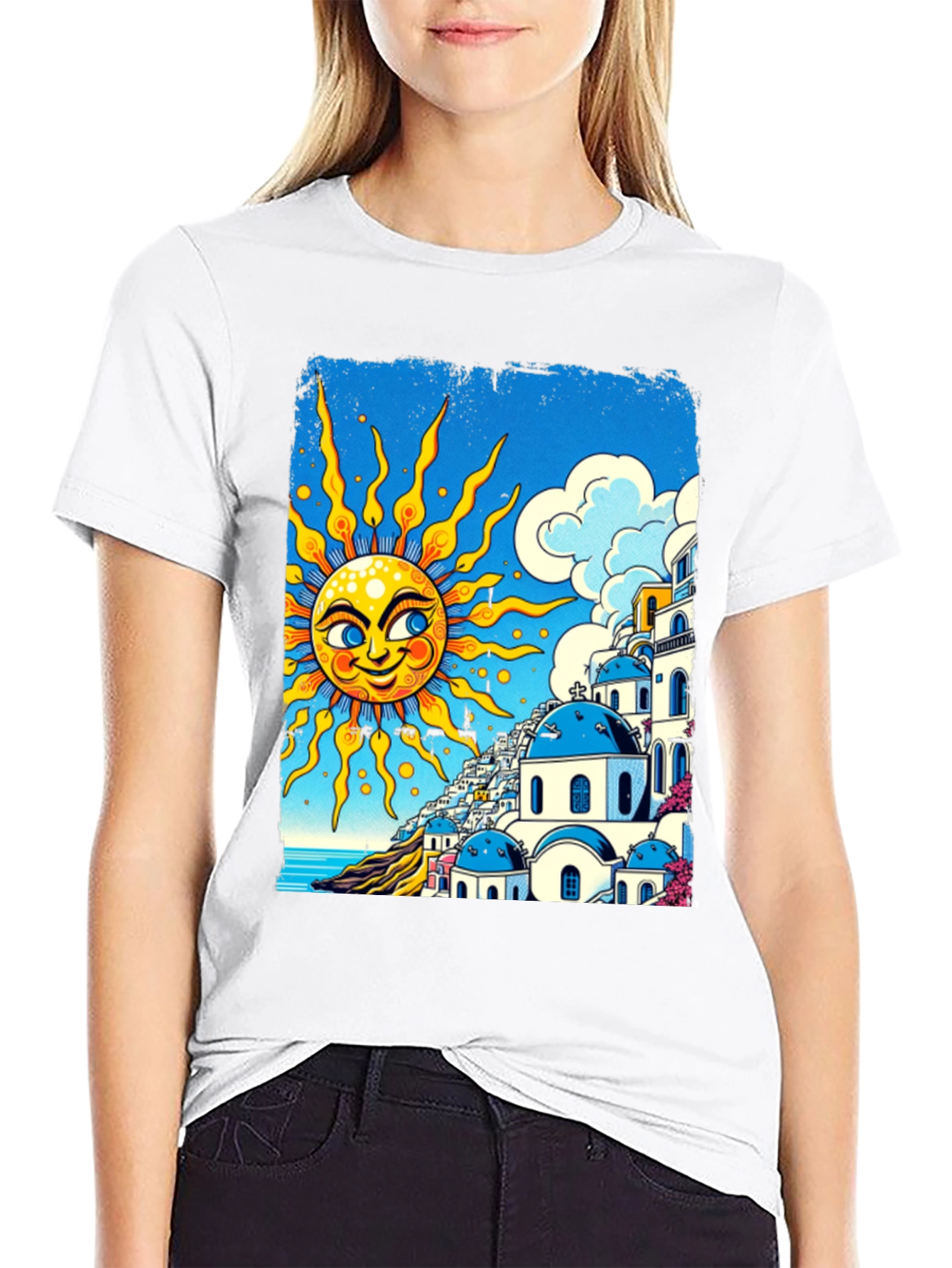 Santorini Sun Graphic Tee - Black Cotton