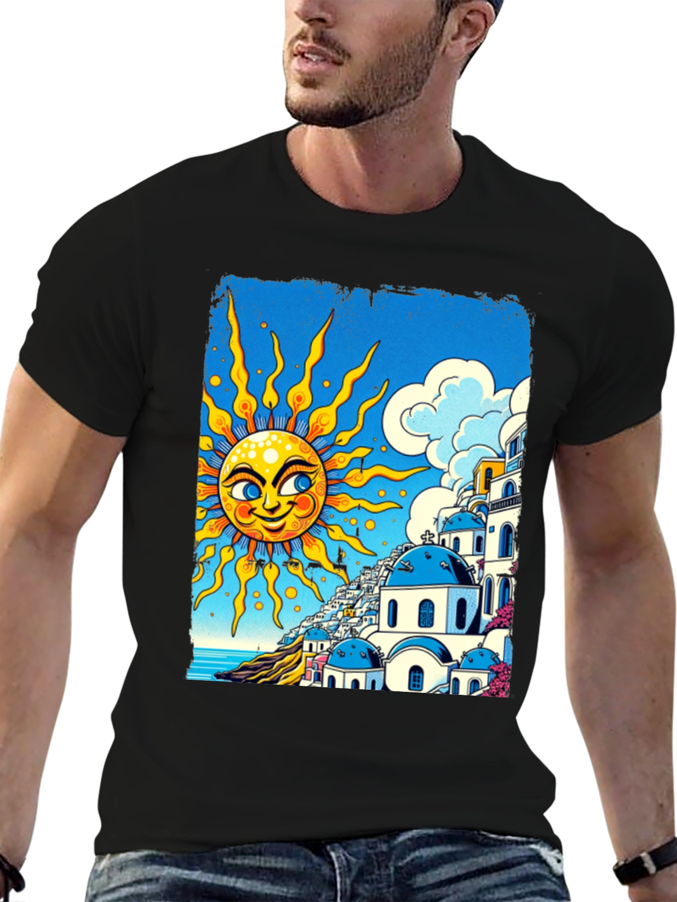 Santorini Sun Graphic Tee - Black Cotton