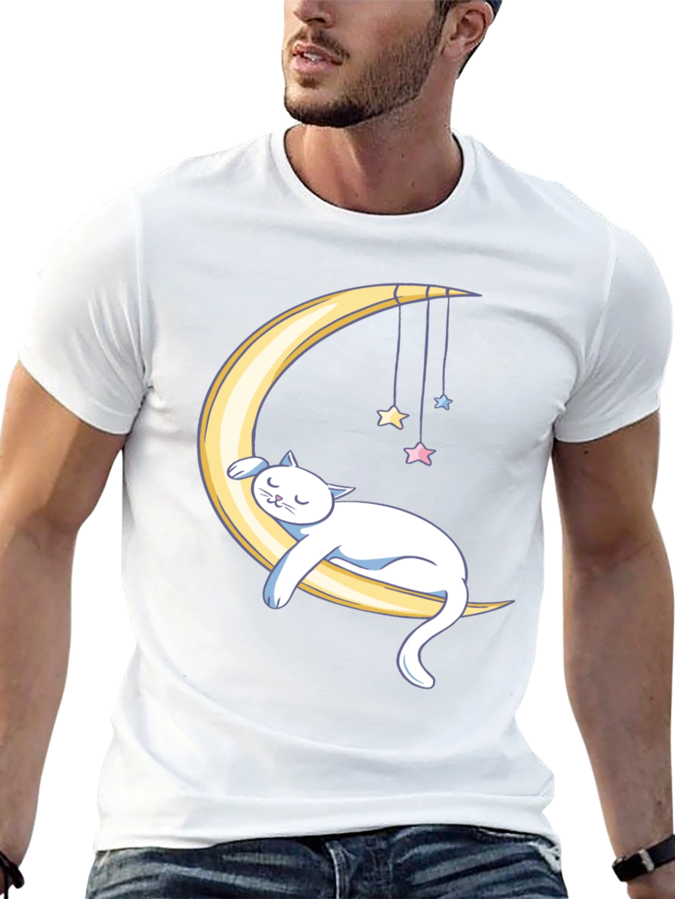 Dreamy Cat Moon T-Shirt - Black Cotton Comfort