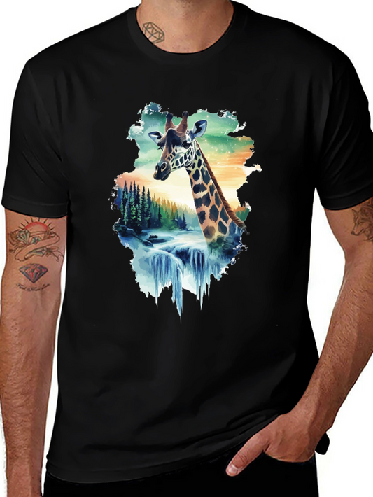 Giraffe Waterfall Graphic Tee - Black Crew Neck