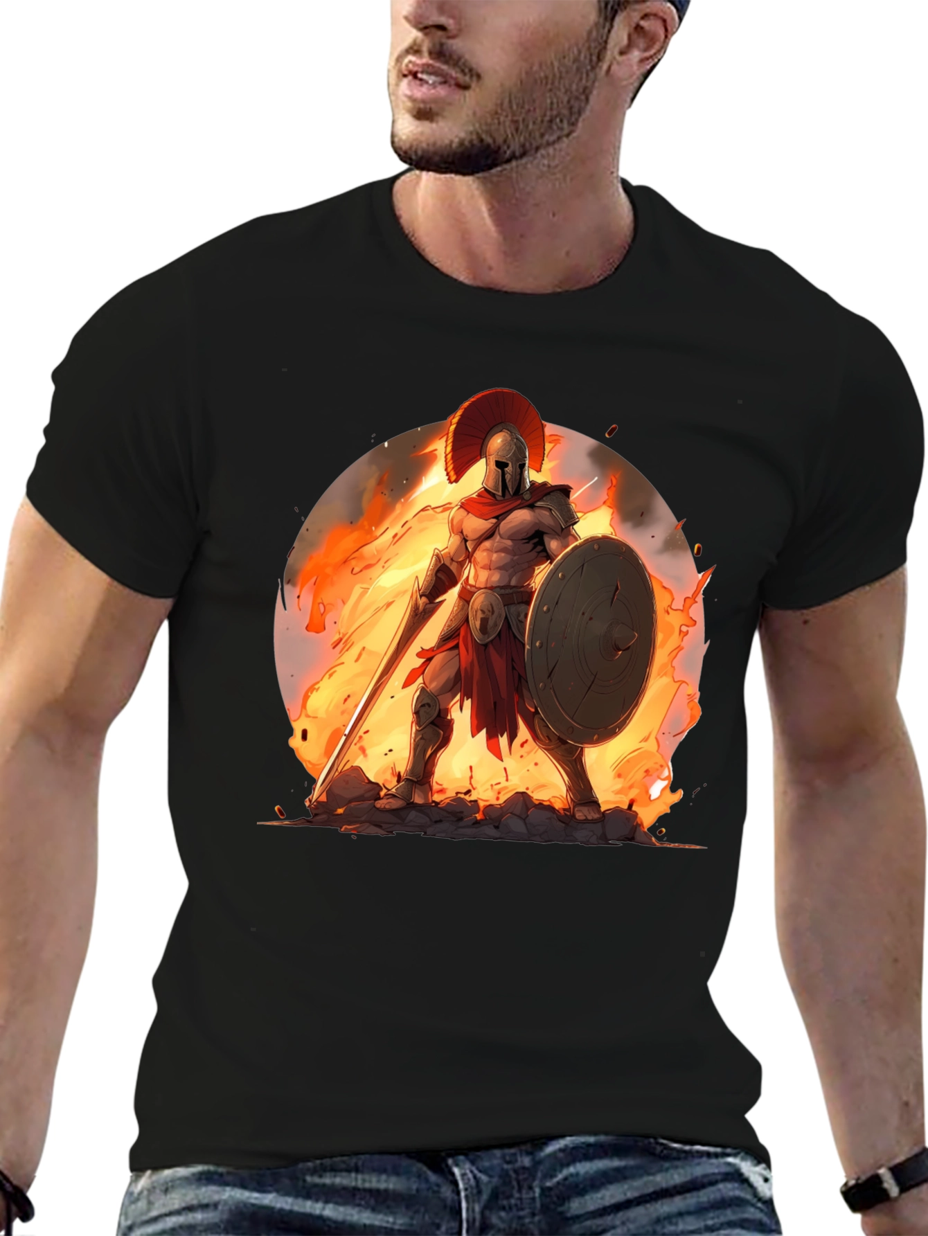 Spartan Warrior Graphic Tee - Black Cotton Blend