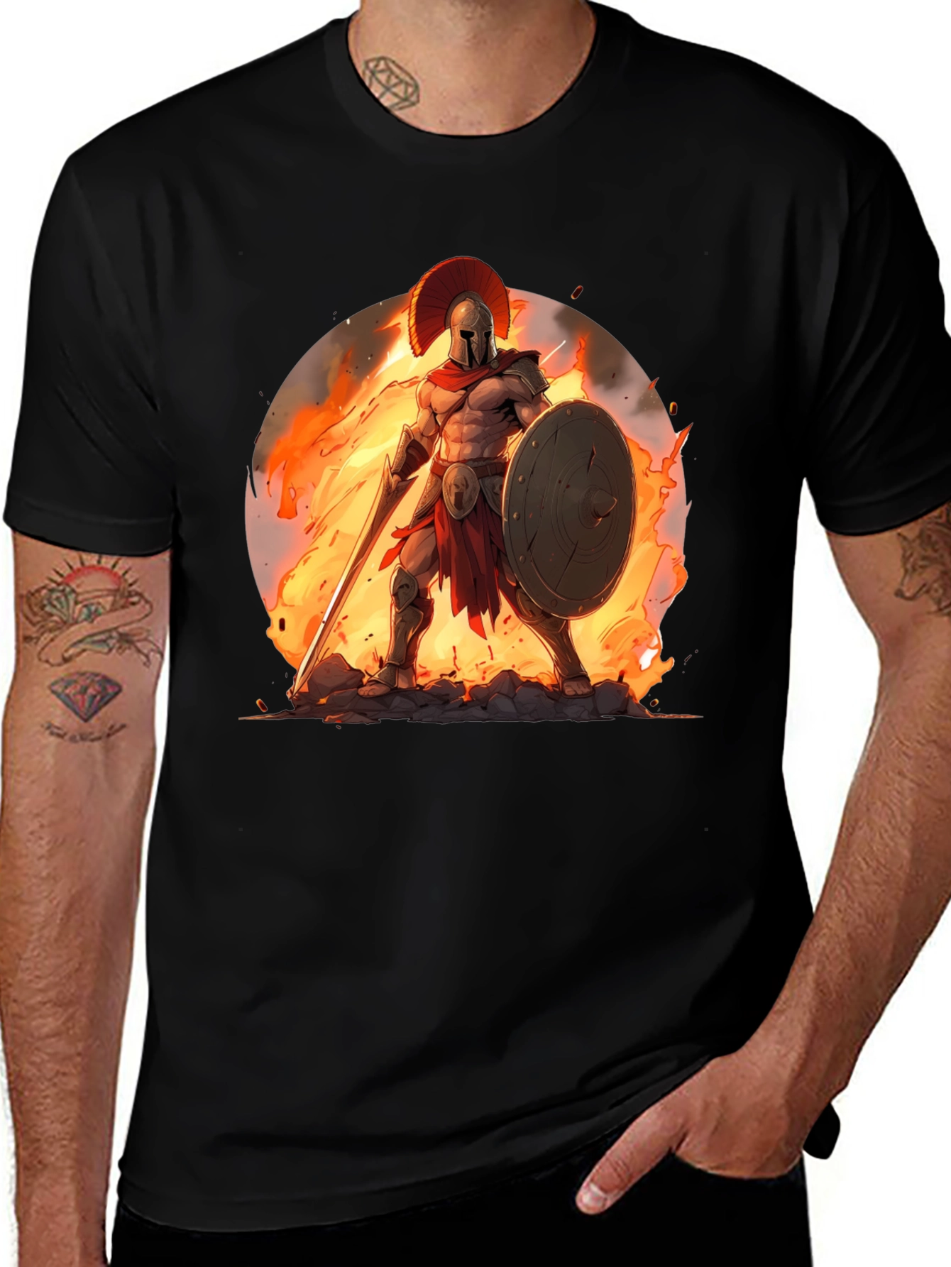 Spartan Warrior Graphic Tee - Black Cotton Blend