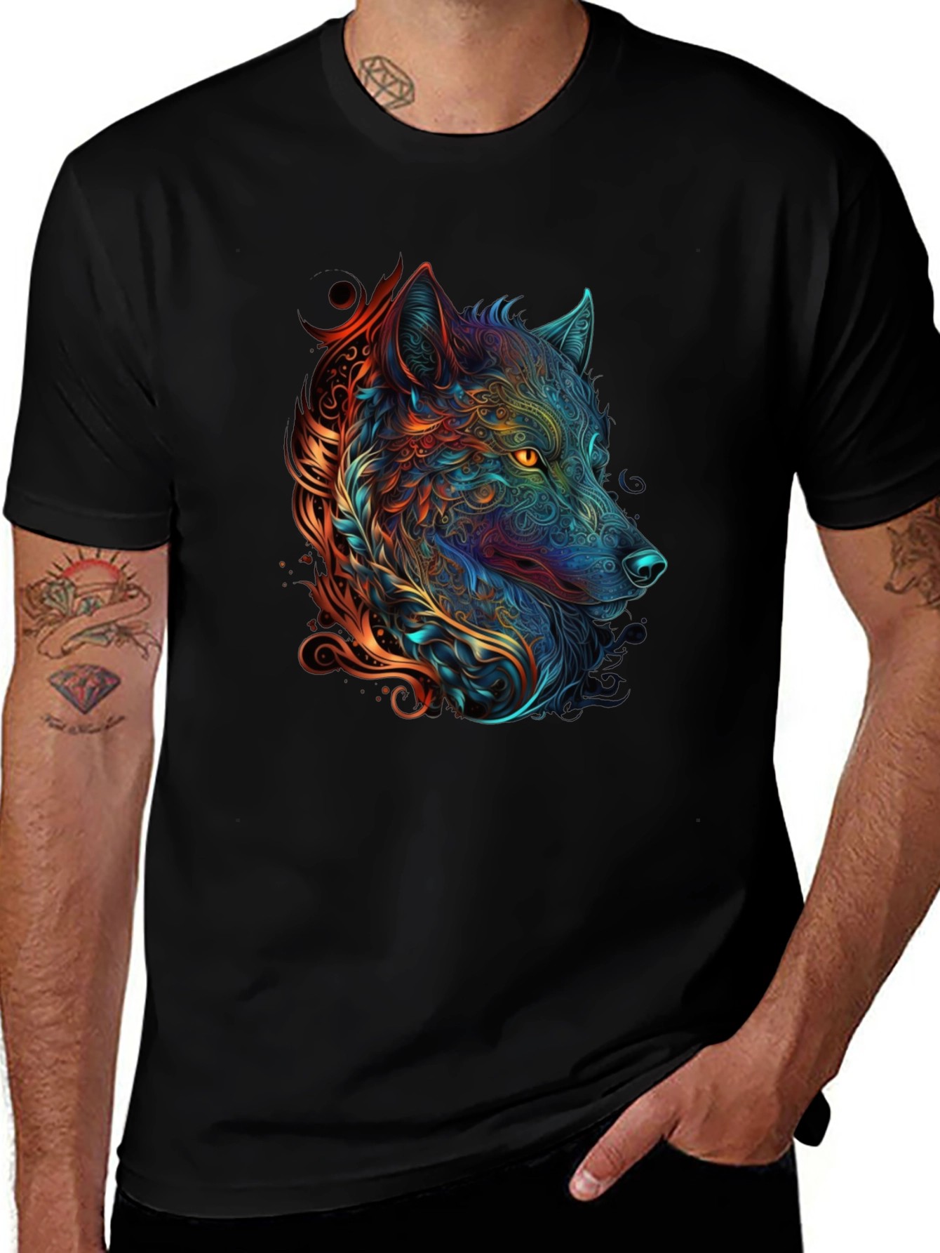 Abstract Wolf Graphic Print Black T-Shirt