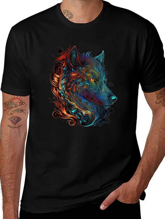 Abstract Wolf Graphic Print Black T-Shirt