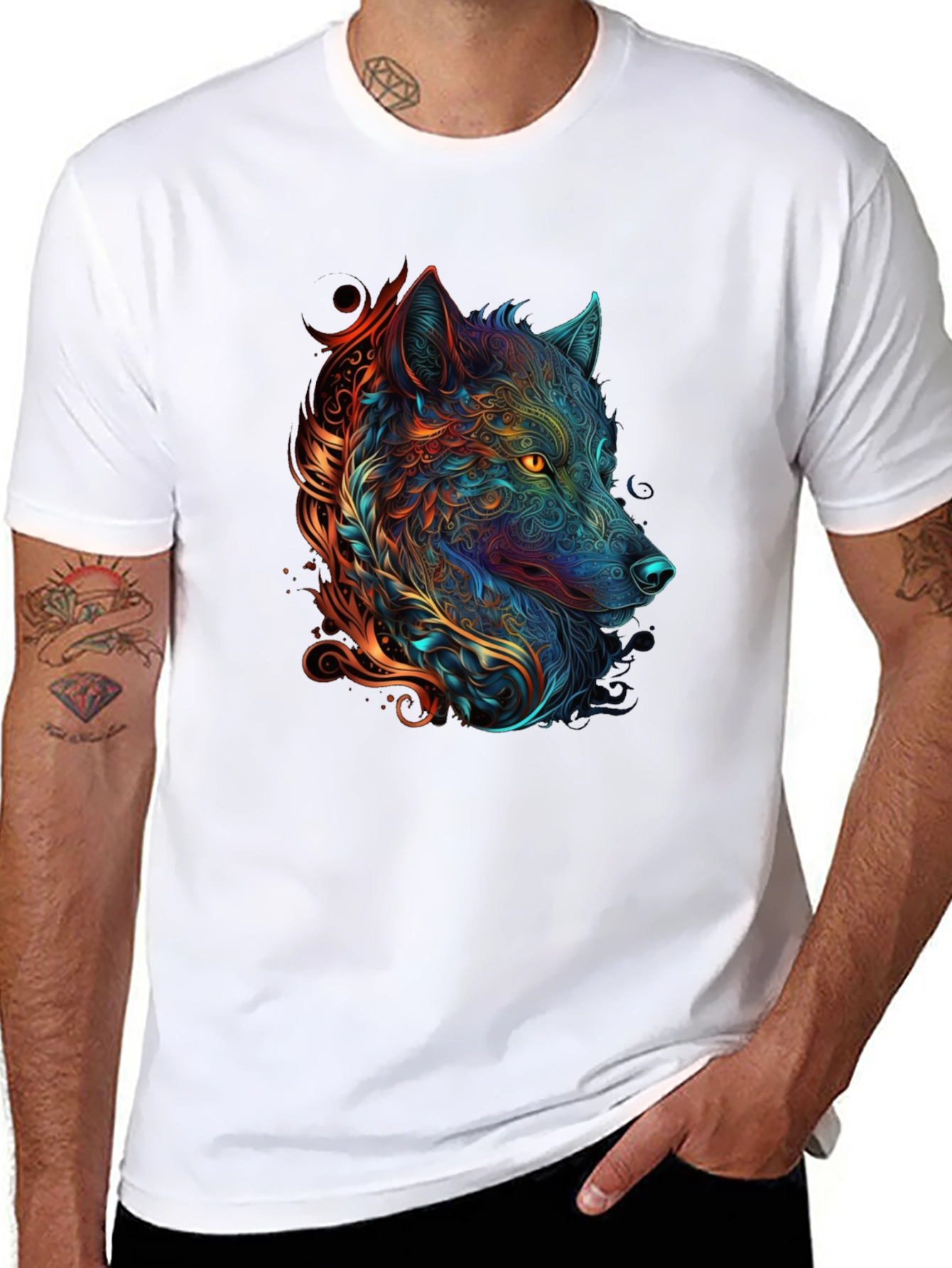 Abstract Wolf Graphic Print Black T-Shirt