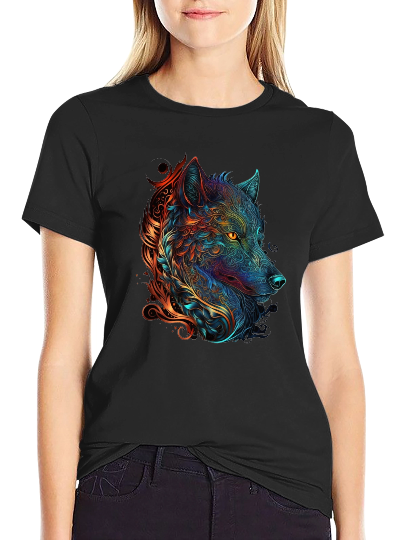 Abstract Wolf Graphic Print Black T-Shirt