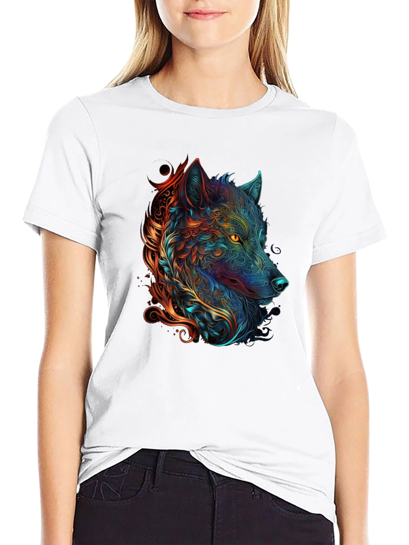 Abstract Wolf Graphic Print Black T-Shirt