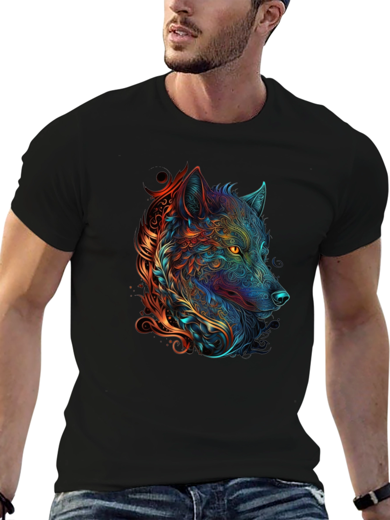 Abstract Wolf Graphic Print Black T-Shirt
