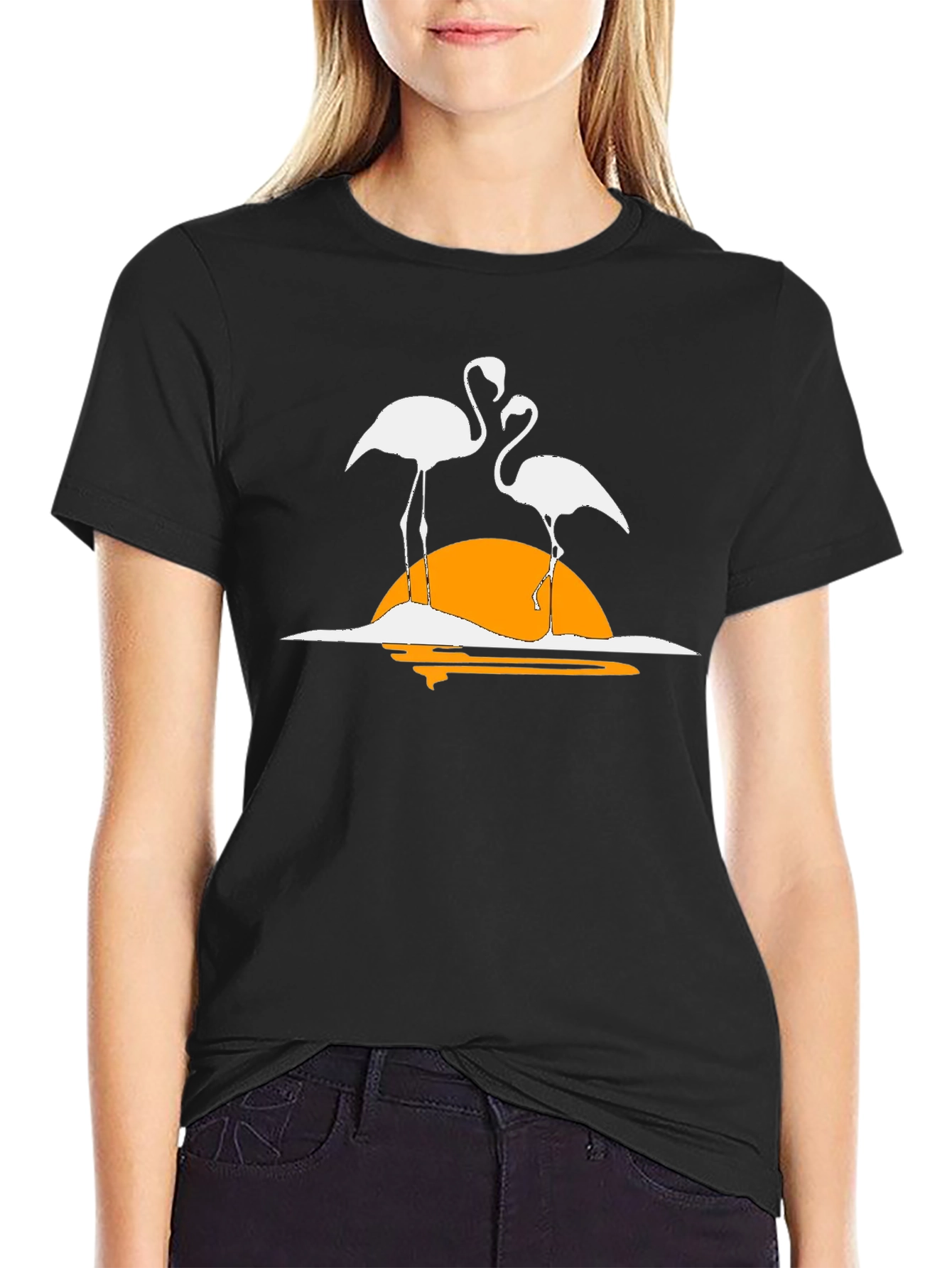 Flamingo Sunset Graphic Tee - Casual Black T-Shirt