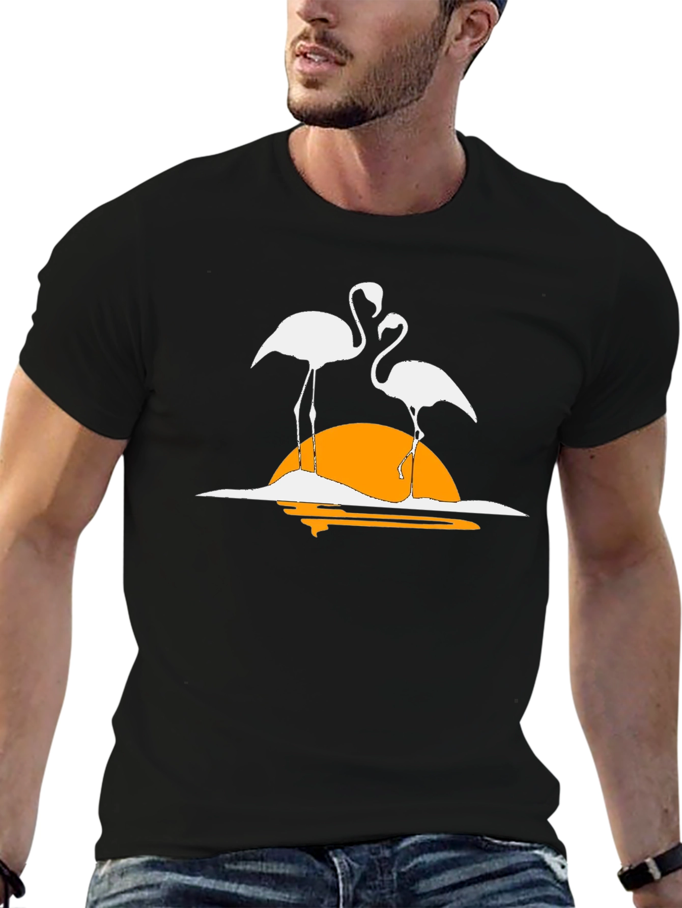 Flamingo Sunset Graphic Tee - Casual Black T-Shirt
