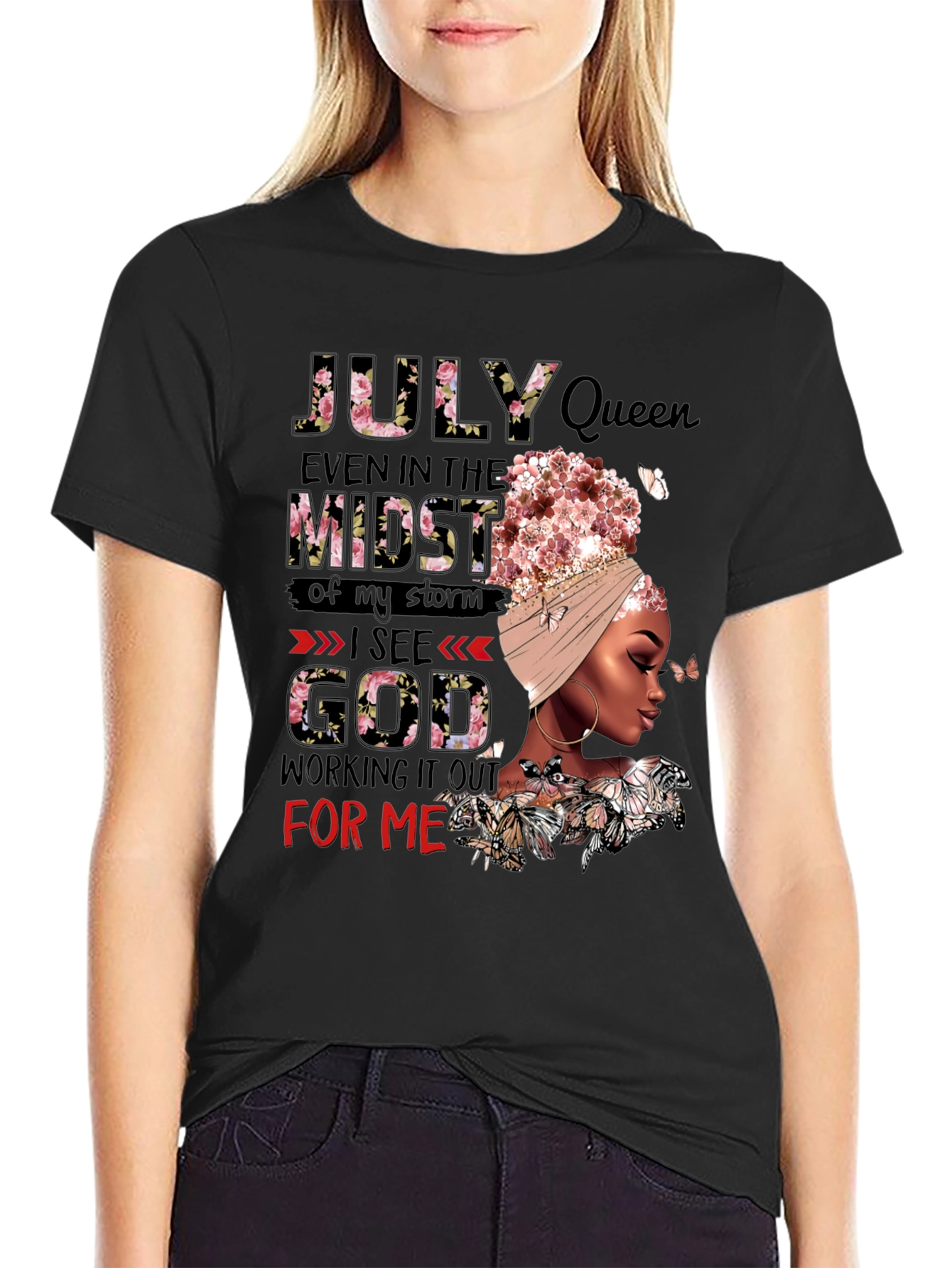July Queen Floral Graphic Black T-Shirt