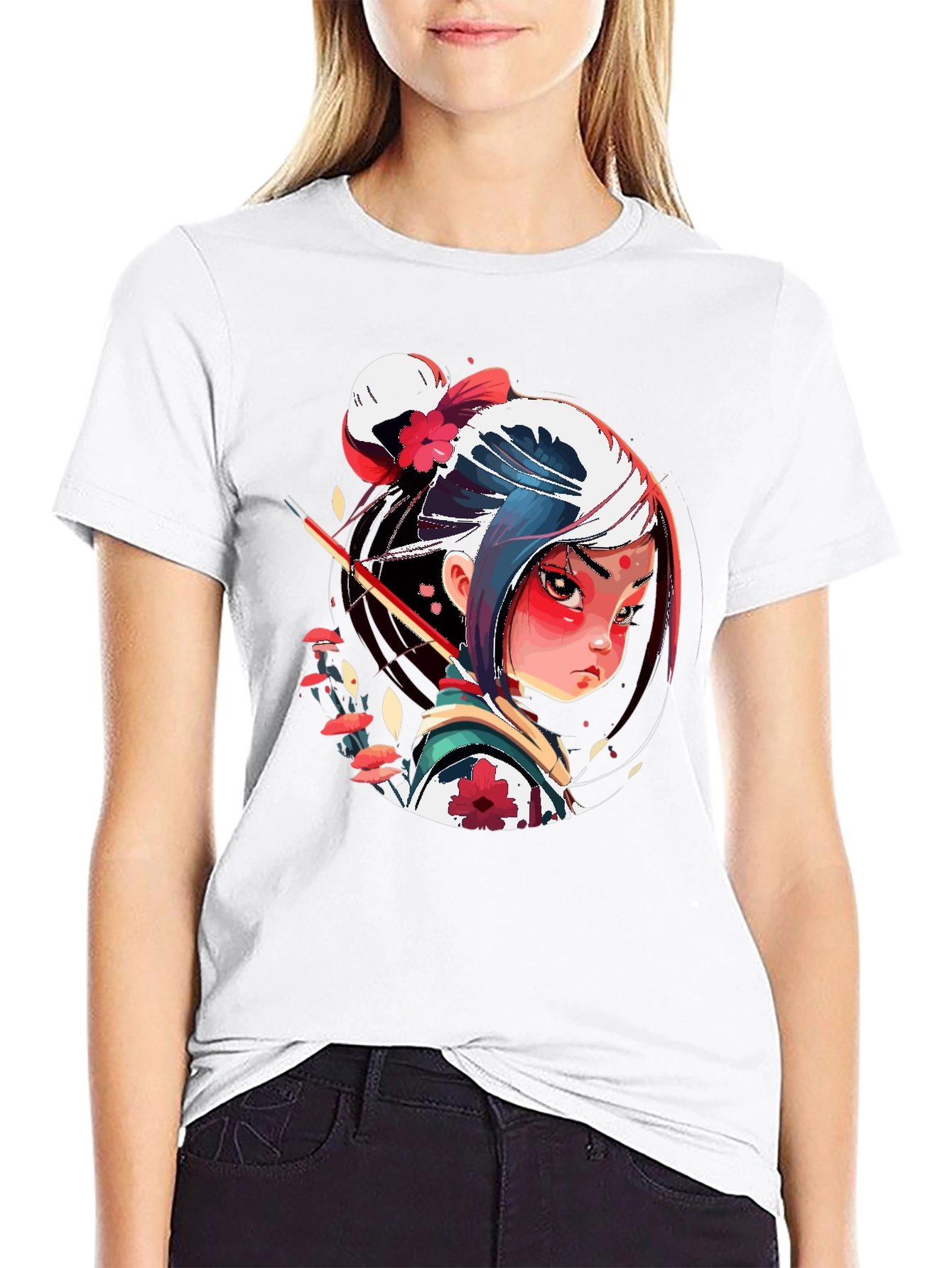 Anime Samurai Girl Graphic Tee - Stylish Black T-Shirt