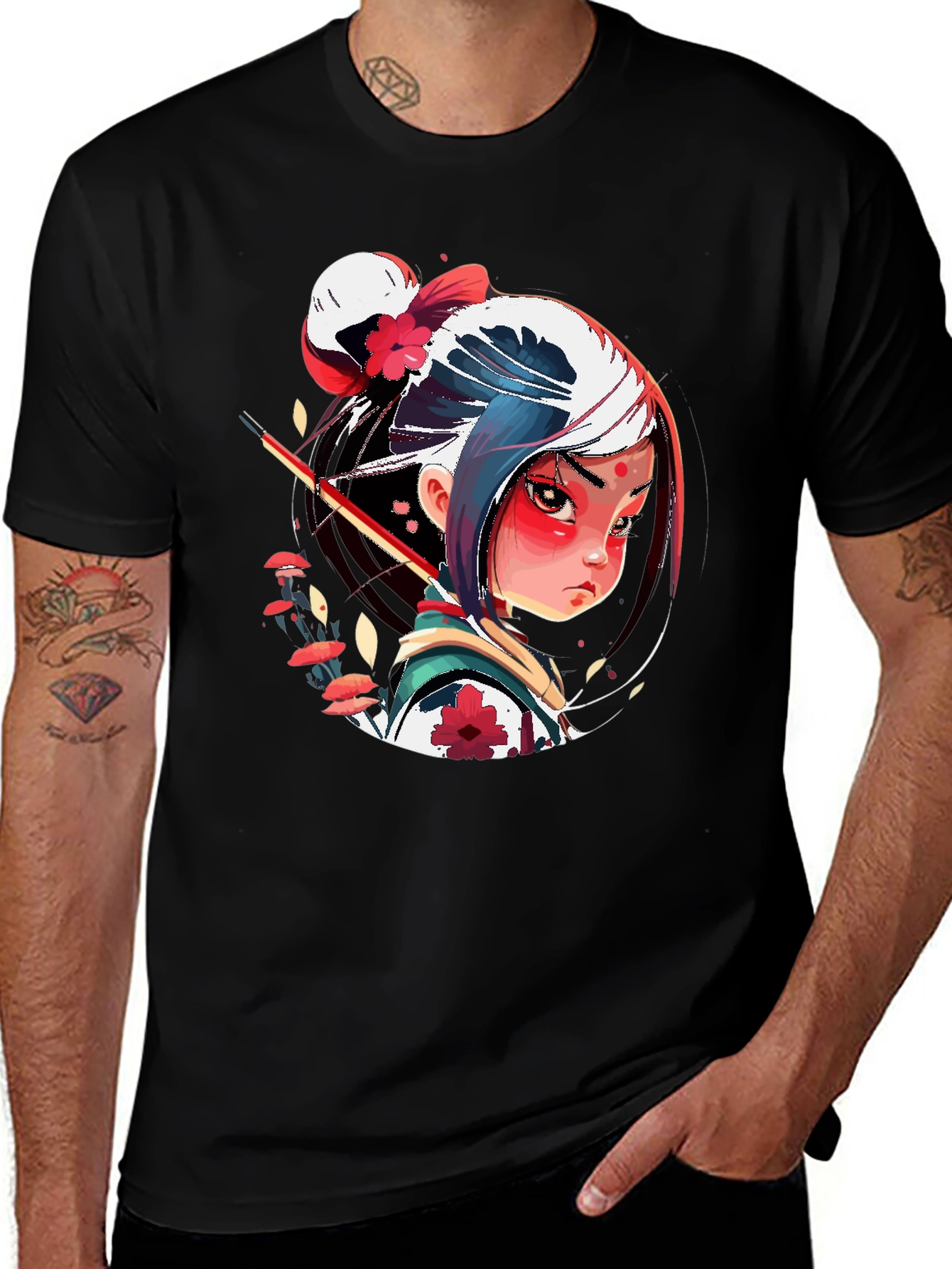 Anime Samurai Girl Graphic Tee - Stylish Black T-Shirt
