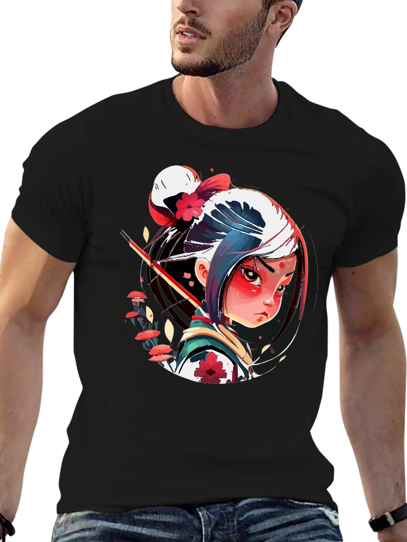 Anime Samurai Girl Graphic Tee - Stylish Black T-Shirt