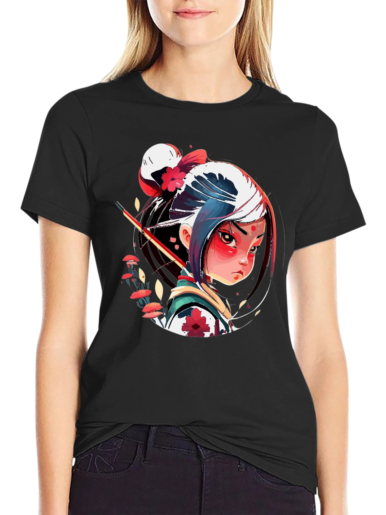 Anime Samurai Girl Graphic Tee - Stylish Black T-Shirt