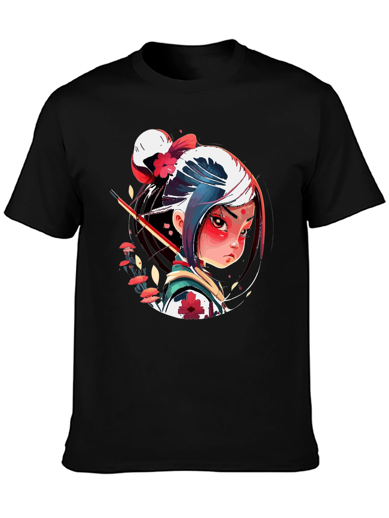 Anime Samurai Girl Graphic Tee - Stylish Black T-Shirt