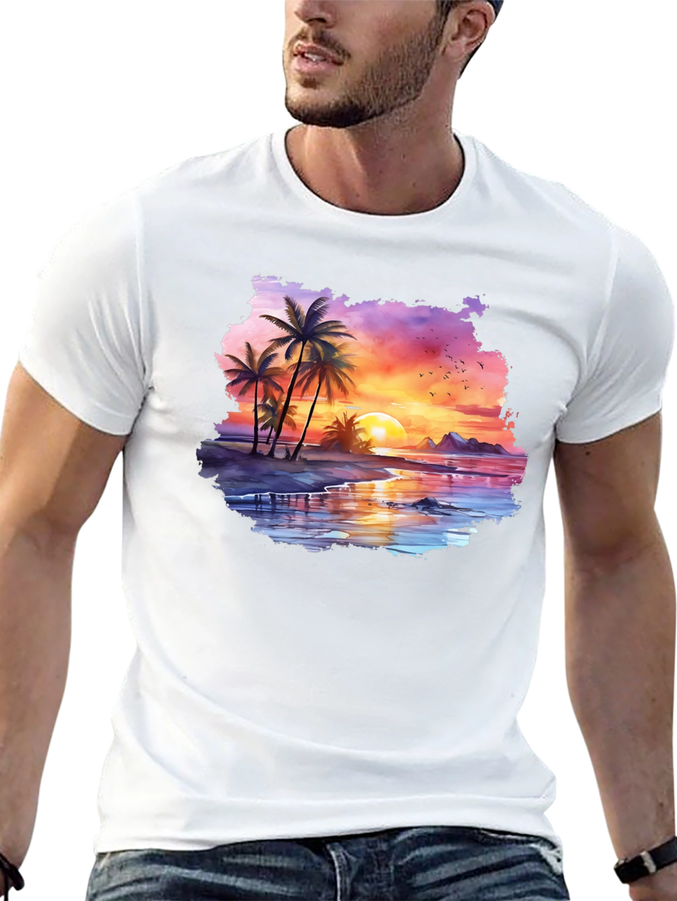Tropical Sunset Palm Tree Graphic T-Shirt