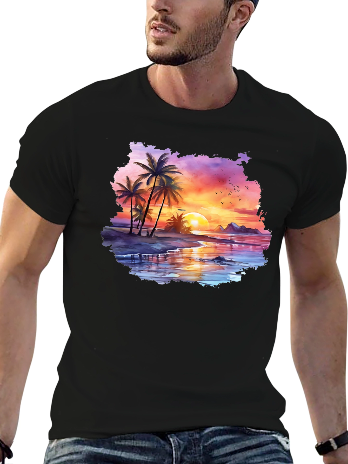 Tropical Sunset Palm Tree Graphic T-Shirt