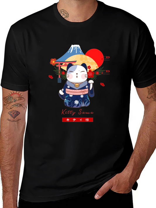 Maneki Neko T-Shirt: Lucky Cat & Mount Fuji