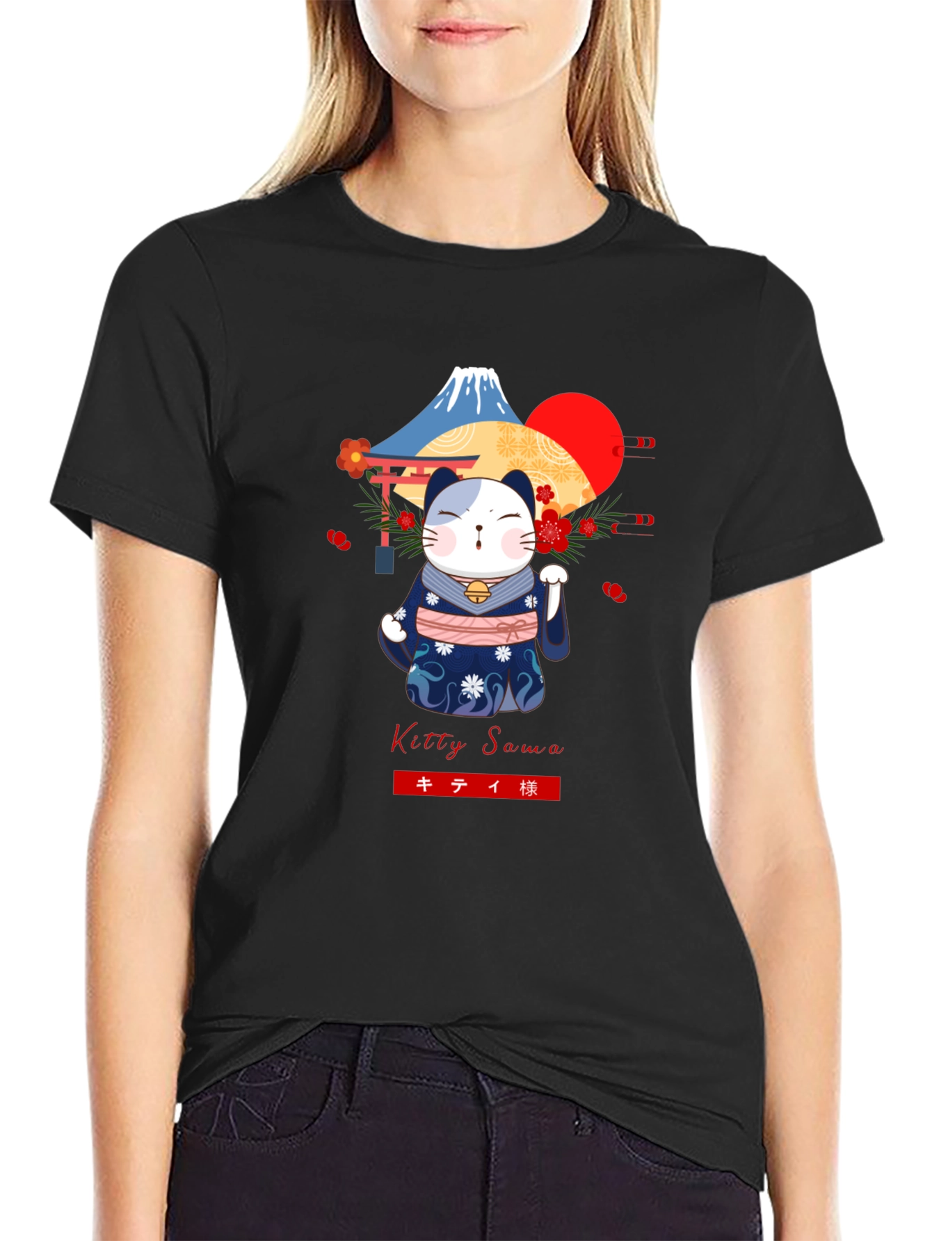 Maneki Neko T-Shirt: Lucky Cat & Mount Fuji
