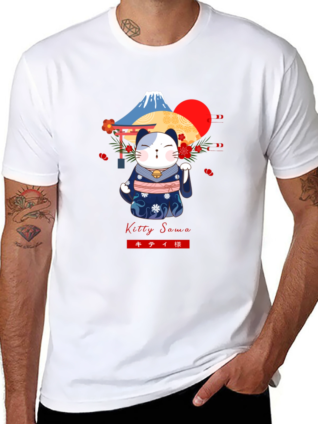 Maneki Neko T-Shirt: Lucky Cat & Mount Fuji
