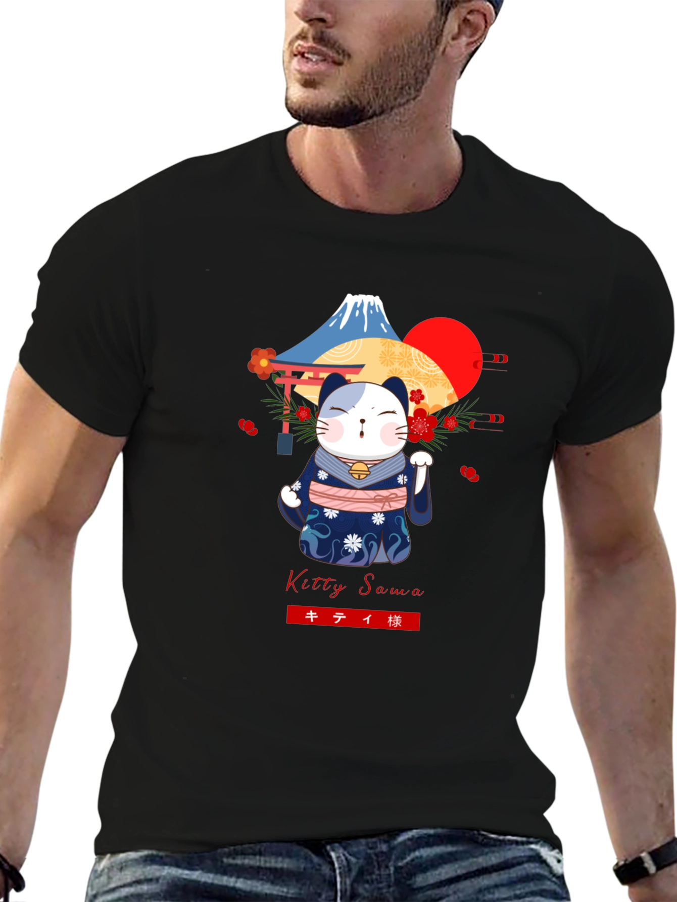 Maneki Neko T-Shirt: Lucky Cat & Mount Fuji