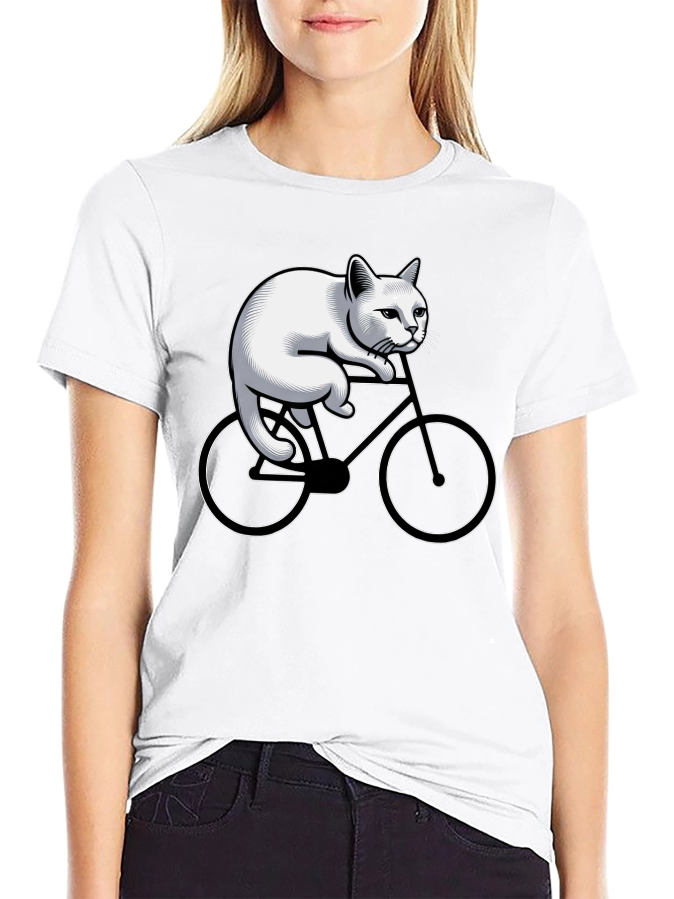 Cat Riding Bicycle Graphic Tee - Black