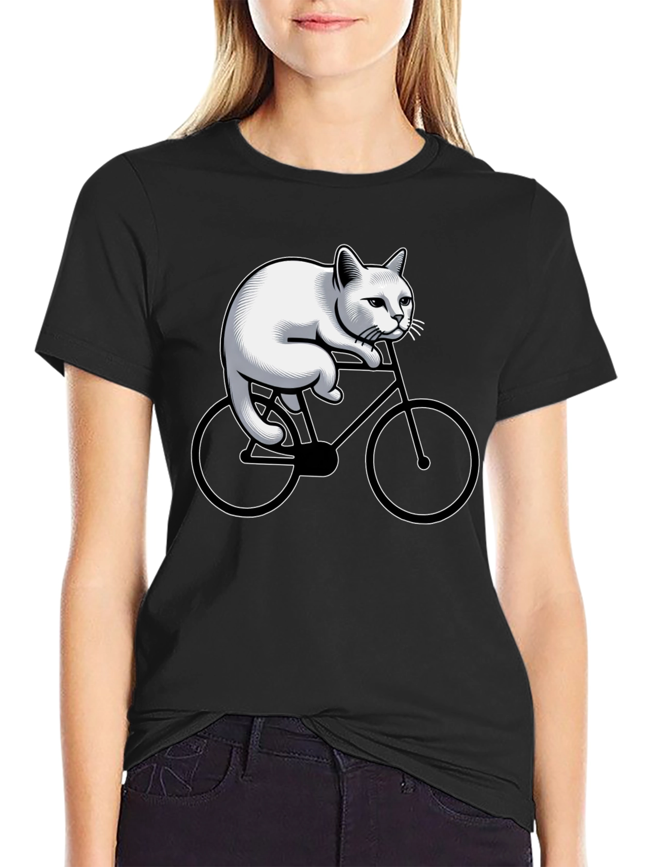 Cat Riding Bicycle Graphic Tee - Black