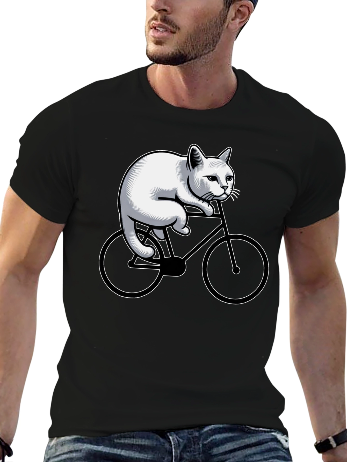 Cat Riding Bicycle Graphic Tee - Black