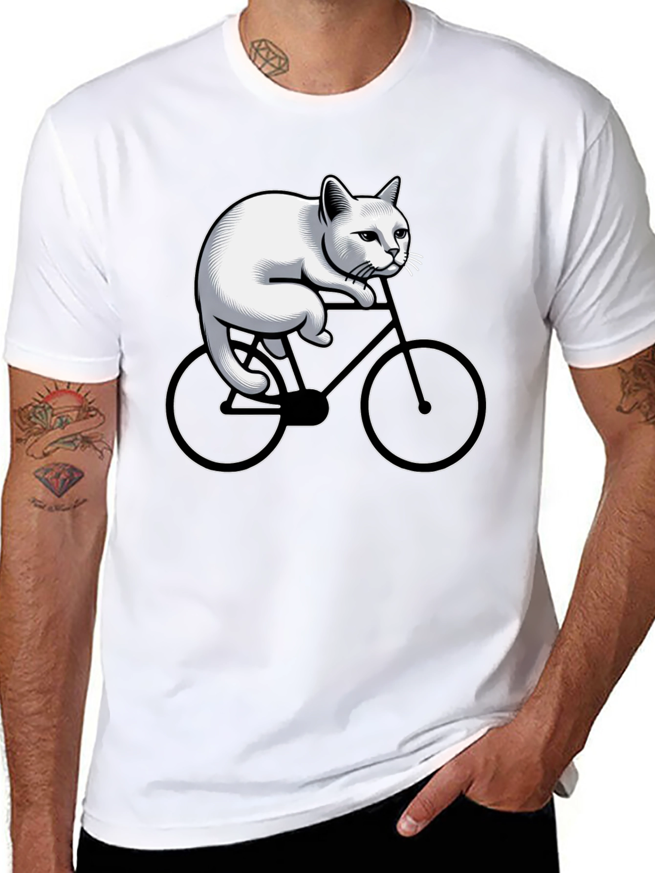 Cat Riding Bicycle Graphic Tee - Black