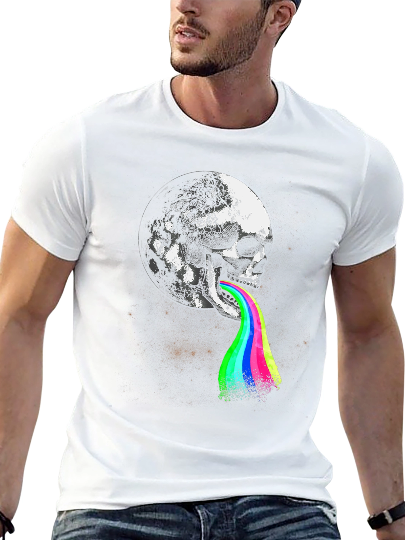 Skull Moon Rainbow Puke Graphic Tee