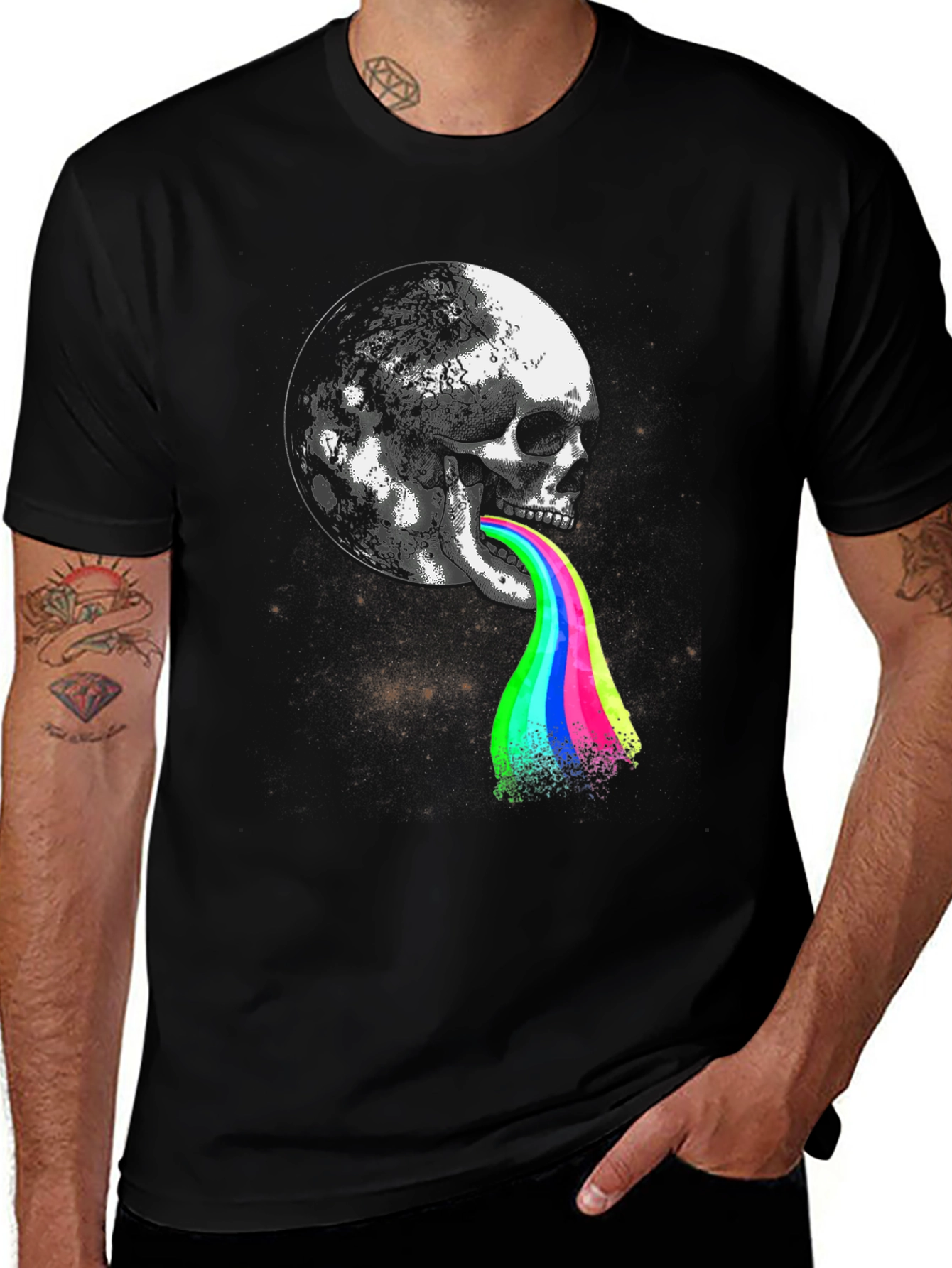 Skull Moon Rainbow Puke Graphic Tee