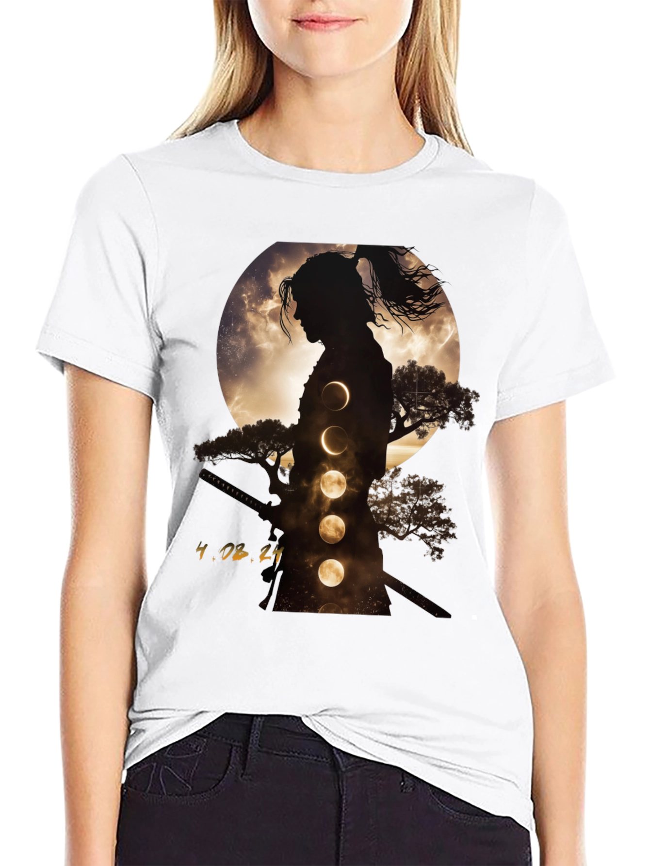 Samurai Moon Phase Graphic Tee - Stylish Black T-Shirt