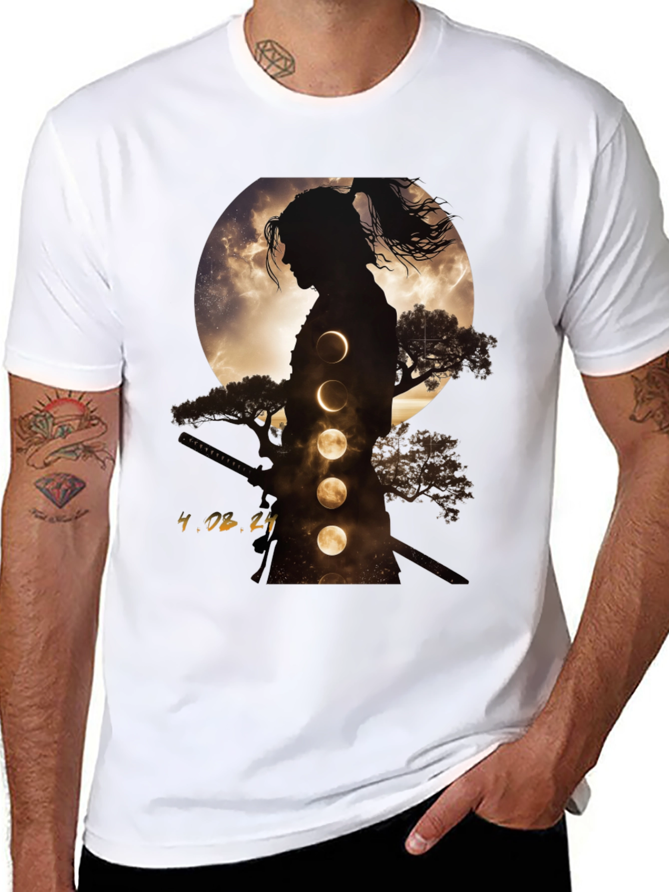 Samurai Moon Phase Graphic Tee - Stylish Black T-Shirt
