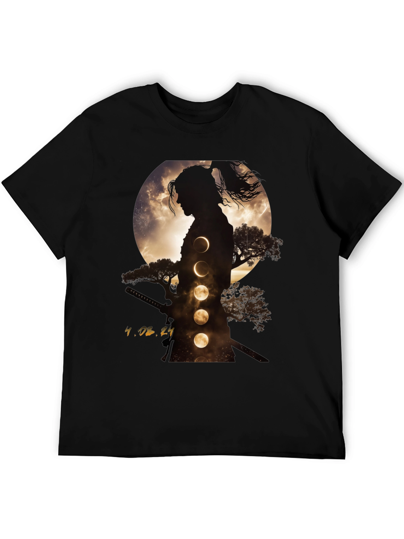 Samurai Moon Phase Graphic Tee - Stylish Black T-Shirt