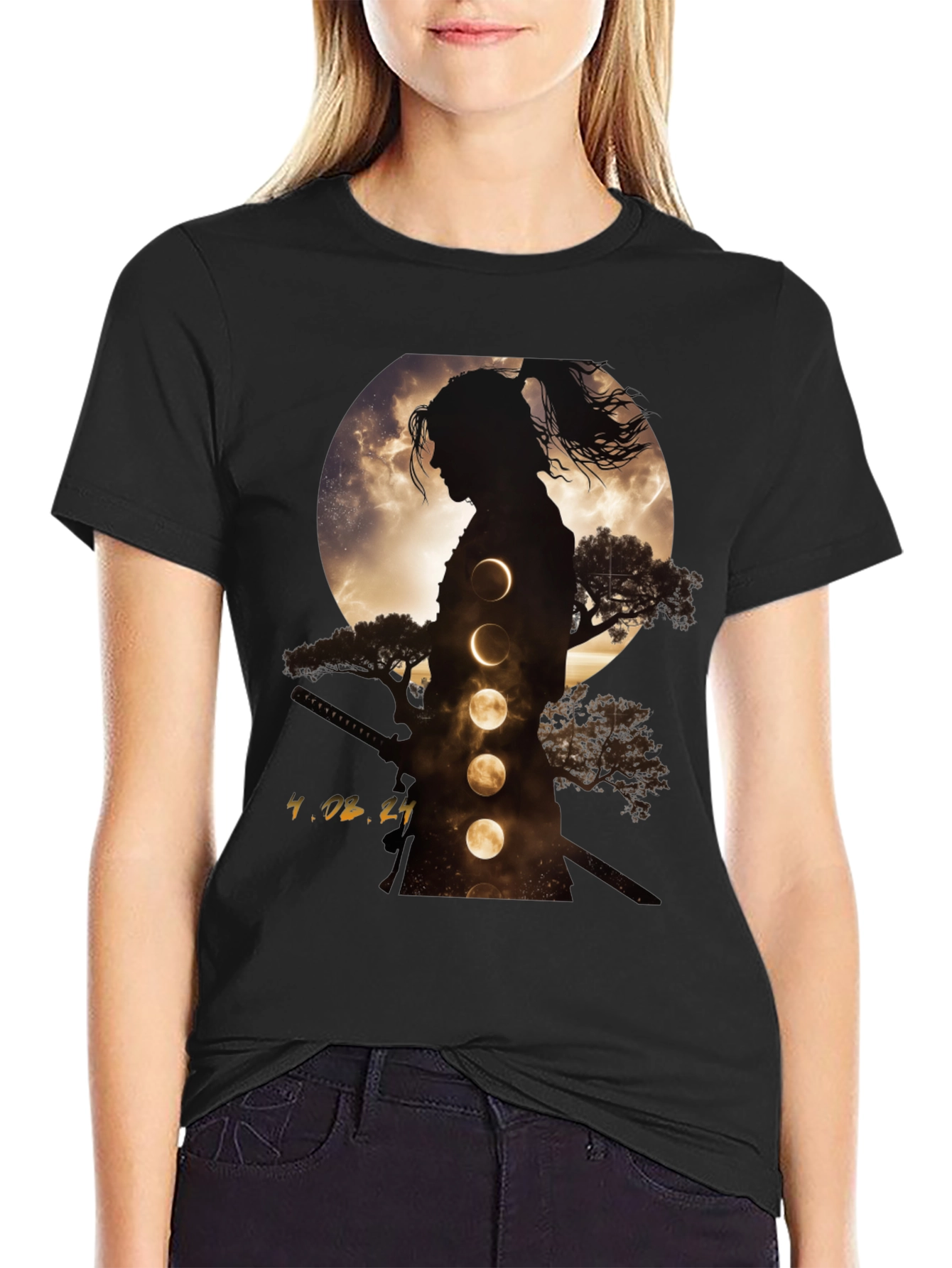 Samurai Moon Phase Graphic Tee - Stylish Black T-Shirt
