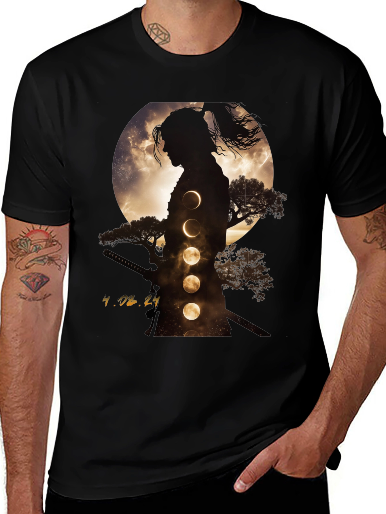 Samurai Moon Phase Graphic Tee - Stylish Black T-Shirt